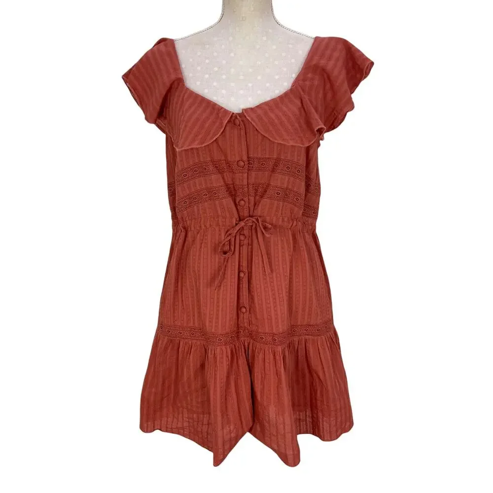 ASOS Peasant‎ Dress 8 Rust Terracotta Eyelet Lace Cotton Ruffle A Line Mini